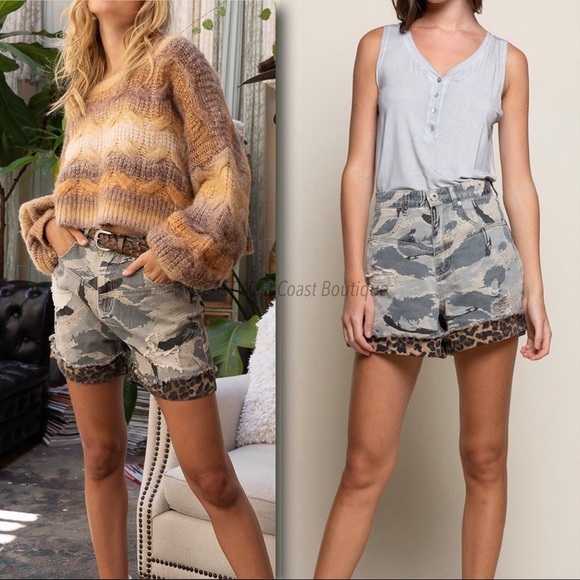 DENIM CAMO SHORTS ON w/ LEOPARD PRINT HEM - Picture 2 of 10